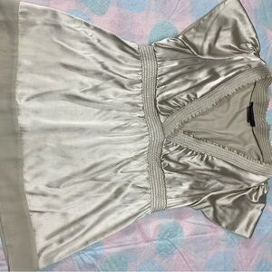 BCBG MaxAzria Satin Deep V Flutter Sleeve Silk Beige